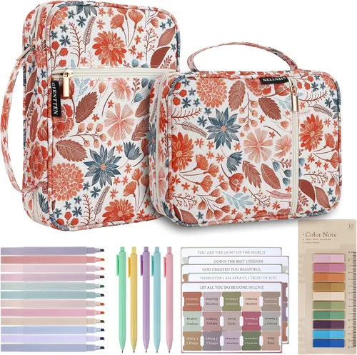 Vista 8 de Funda para la Biblia para mujeres con estampado de flores, funda de transporte para libros de la Biblia con asa duradera, funda acolchada