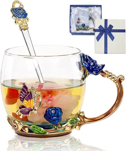 Vista 13 de Taza de té con flores, taza de café de vidrio con mariposa y margarita, con cuchara, caja de regalo para su mamá, esposa, abuela, niñas, amigas