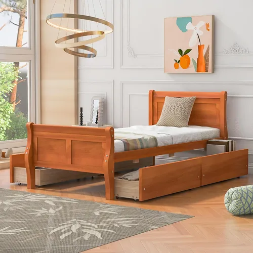 Vista 16 de Cama de plataforma de madera de tamaño individual con cabecera en forma de casa, soporte de listones de madera, para dormitorio de niños, niñas
