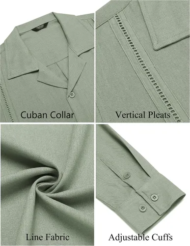 Vista 5 de COOFANDY Mens Linen Shirt Casual Cuban Guayabera Long Sleeve Button Down Beach Shirts