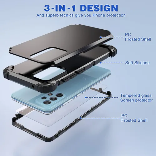Vista 4 de IDweel Hybrid 3 en 1 Funda para Galaxy A52 5G con protector de pantalla de vidrio templado, a prueba de golpes, resistente, funda de policarbonato