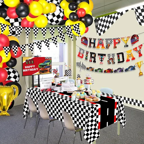 Vista 3 de WNINK Manteles con temática de auto de carreras, cartel de feliz cumpleaños, mantel rectangular de carreras, kit de decoración de fiesta de auto