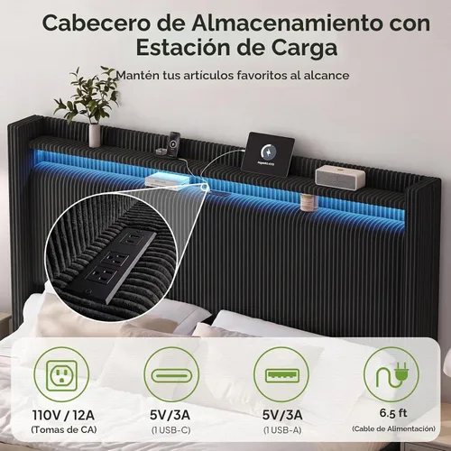 Vista 4 de Base de cama tamaño Queen con cabecera de 55.3 pulgadas de alto, tapizada