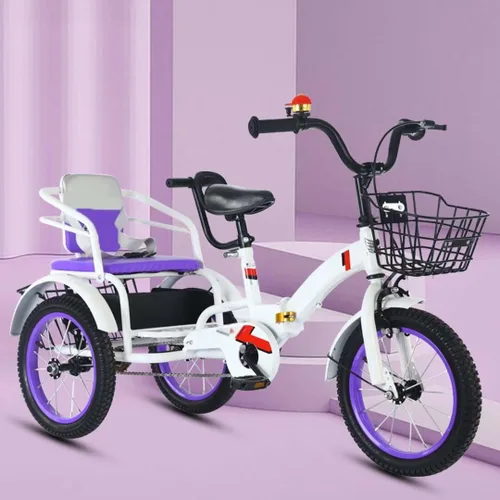 Vista 14 de Triciciclos plegables para niños con mango parental, triciclos tándem de 3 a 10 años con asiento trasero del pasajero, silla de montar ajustable
