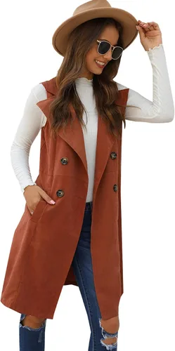 Vista 5 de GORGLITTER Chaleco largo sin mangas con frente abierto para mujer, chaquetas con cuello, cárdigans de línea larga
