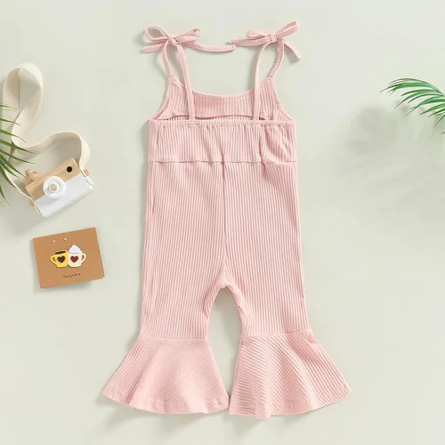 Vista 4 de Mubineo Mameluco básico de verano para niña pequeña, de punto liso, sin mangas, con parte inferior acampanada