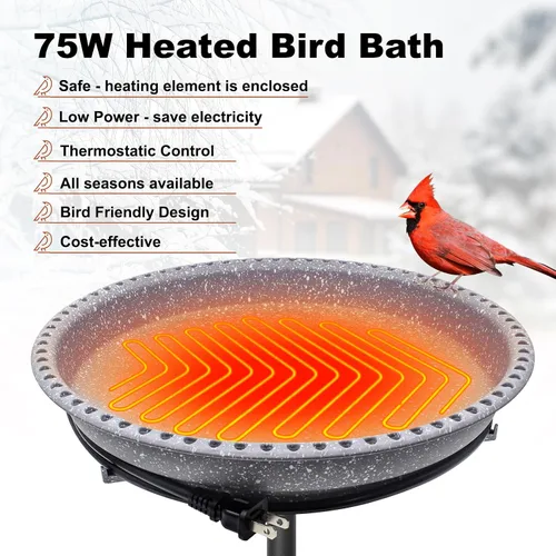 Vista 2 de BIRD WISH Baño de Pájaros Calentado, Base Metálica Estable de 5 Puntas con Control de Termostato Resistente al Clima para Todas las Estaciones Gris