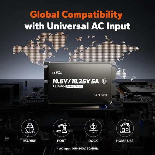 Vista 8 de LiTime Cargador de batería de litio de 12V 16V 5A, cargador impermeable de CA a CC LiFePO4 con voltaje ajustable, activación inteligente BMS e