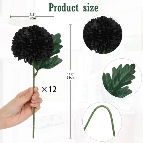 Vista 3 de Briful 12 tallos artificiales de crisantemo negro – Cabezas de flores de seda de 11 pulgadas de alto con hojas verdes, tallos flexibles