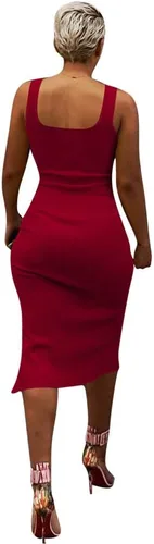 Vista 2 de Salimdy - Vestido de longitud media con corte tubo, sexy y liso, con tirantes delgados, acanalado, con botones, abertura lateral, entallado