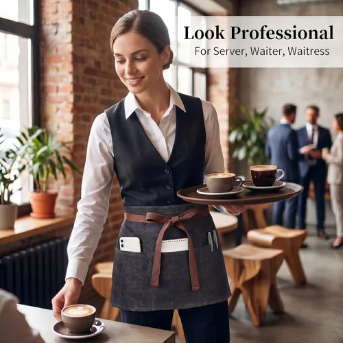 Vista 2 de Toyvian Durable Denim Waist Apron with 3 Pockets Unisex, Short Half Server Apron for Waiter Waitress, Bar, Cafe & Kitchen