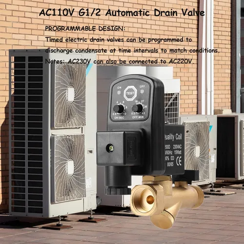 Vista 4 de Válvula de drenaje automática G1/2, válvula de drenaje del compresor de aire AC230V DN15 Válvula de drenaje con temporizador de 0-1.6Mpa Válvula