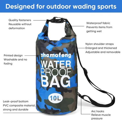 Vista 4 de Bolsa seca impermeable de 5L/10L/15L/20L/30L Mochila de almacenamiento en seco con funda para teléfono, botella de agua plegable, gafas de sol Azul