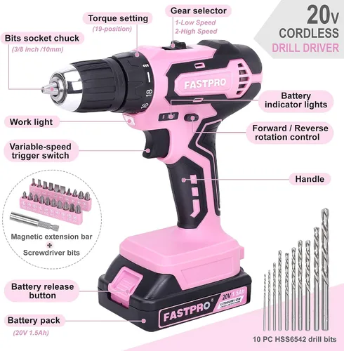 Vista 8 de FASTPRO 232 piezas 20 V Rosa inalámbrico Taladro de iones de litio y juego de herramientas para el hogar, kit de herramientas de reparación