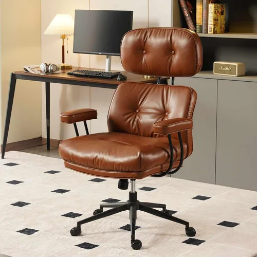 Vista 15 de Silla de oficina ergonómica para grandes y altos, silla ejecutiva moderna de mediados de siglo con soporte lumbar, respaldo alto, cojín grueso, piel