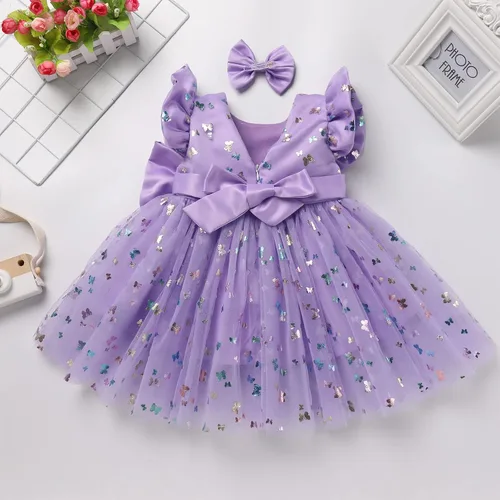 Vista 4 de IDOPIP Vestido tutú de mariposa con lentejuelas para bebé, niña de las flores, primera comunión, boda, fiesta de cumpleaños, vestido con lazo
