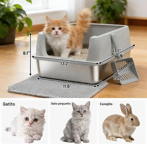 Vista 2 de Caja de arena de acero inoxidable con tapa, caja de arena para gatos
