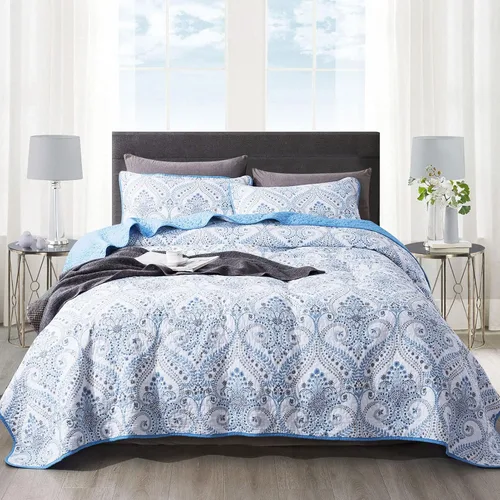 Vista 17 de NEWLAKE - Juego de cubrecama reversible de microfibra bordada con patrón floral en relieve en jacquard beige, tamaño queen