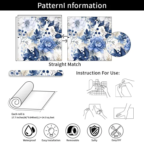 Vista 7 de Booming Peony - Papel tapiz floral de peonía para despegar y pegar - Papel tapiz autoadhesivo removible de hojas azul/blanco - Mural decorativo