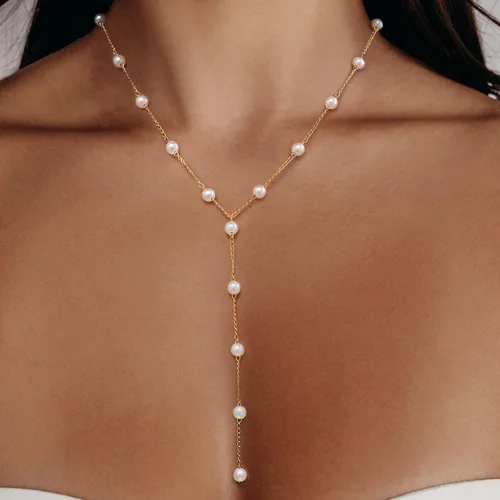 Vista 2 de Voduim Collar de perlas, chapado en oro de 14 quilates o oro blanco, delicado collar de perlas para mujer, collar en Y, gargantilla de perlas