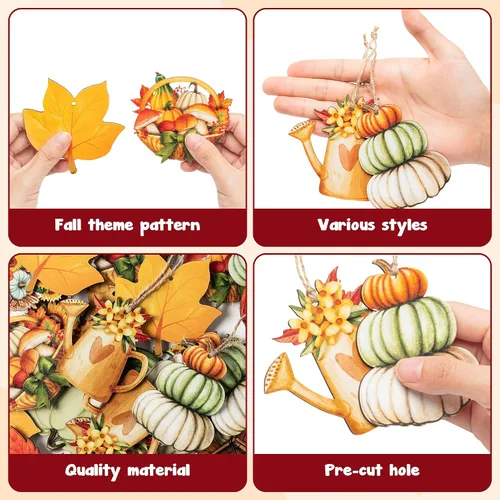 Vista 3 de Haooryx Adorno colgante de madera de acuarela de otoño, 46 piezas de calabaza de otoño, hojas de arce, flores de madera, colgante decorativo