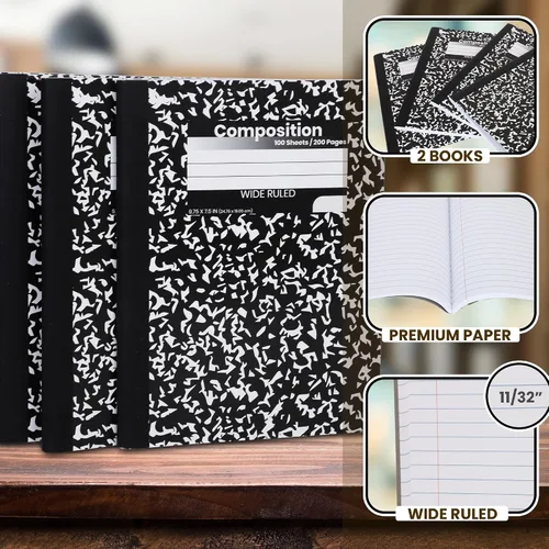 Vista 2 de Cuadernos de composición, diarios de escritura de papel con rayas anchas, libros de composición de cubierta de mármol, 100 hojas, cuadernos