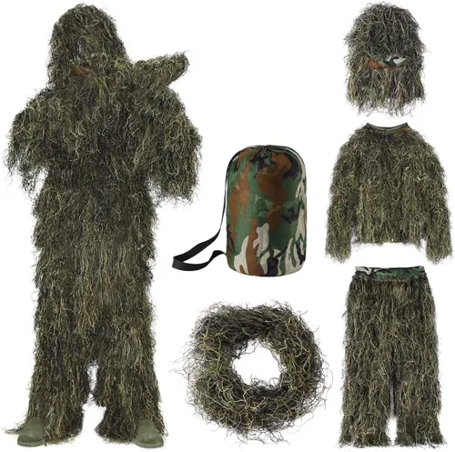 Vista 9 de Seeutek Traje Ghillie 5 en 1 – Trajes de caza de camuflaje 3D – chaqueta, pantalones, capucha, bolsa de transporte para adultos y jóvenes, M/L