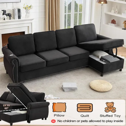 Vista 4 de 106" L Shaped Pull Out Sofa Bed, Modern Modular 4 Seater Storage Couch, 2-in-1 Sleeper Sofa Bed with Reversible Chaise and Wireless&USB Ports
