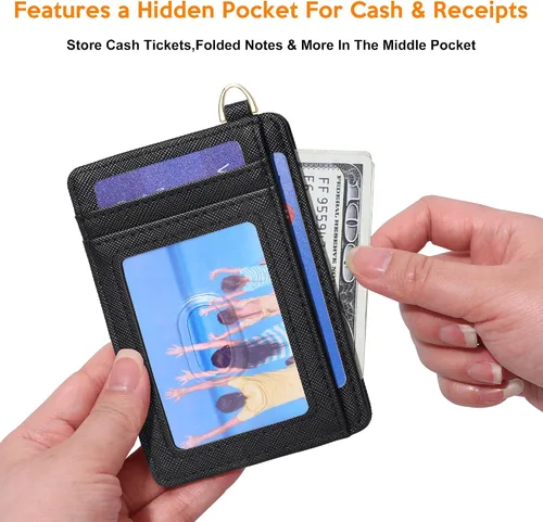 Vista 4 de Badiya Tarjetero delgado minimalista para tarjetas de crédito, bolsillo frontal con bloqueo RFID, estuche compacto para tarjetas con ventana
