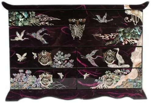 Vista 5 de Madre de Pearl grúa y Pino en diseño de papel de morera Violeta Espejo de Joyería Abalorio De Madera Recuerdo Caja de laca de Asia Tesoro Regalo