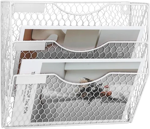 Vista 11 de EASEPRES Organizador de correo para colgar en la pared, soporte de archivo, estante de alambre de pollo de metal de 3 niveles, negro