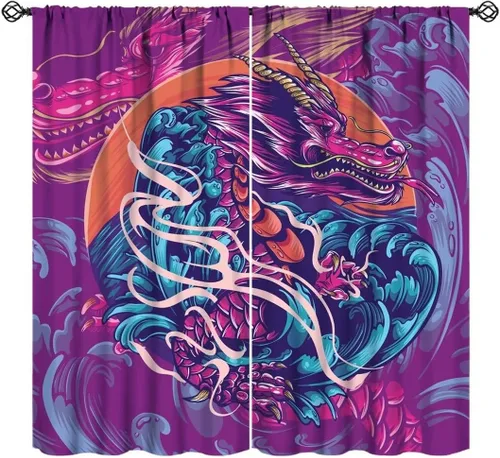 Vista 11 de Cortinas de dragón morado, cortinas opacas de dragón de animales de surf, cortinas de ventana con estampado de olas marinas asiáticas japonesas