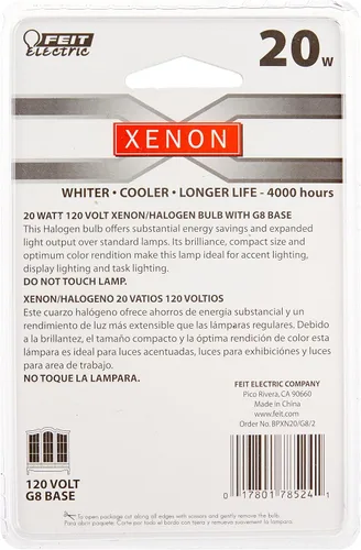 Vista 3 de Feit Electric BPXN20/G8/2 - Bombilla halógena de xenón de 20 W, 120 voltios, en forma de T4, base bi-pin G8, 3000 K, blanco cálido, paquete de 2