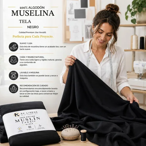 Vista 2 de AK TRADING CO. Tela de muselina/textil, tela drapeada, color negro, peso medio de 1 yarda, 100% algodón (60 pulgadas de ancho)
