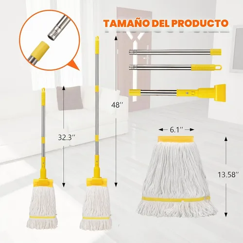 Vista 3 de Trapeador industrial profesional de alta resistencia con mango de 48 pulgadas de largo, mopas comerciales húmedas de algodón para limpieza de pisos
