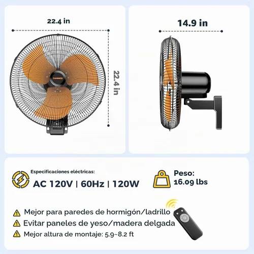 Vista 9 de CAMMOO Ventilador de montaje en pared de 20 pulgadas oscilante, control
