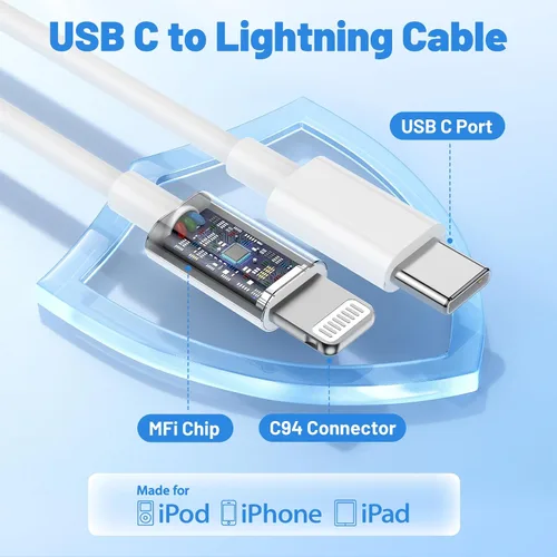 Vista 4 de Cable USB C a Lightning, paquete de 2 unidades de 6 pies + 10 pies, [certificado Apple MFi], cable de carga rápida para iPhone, cable de carga tipo