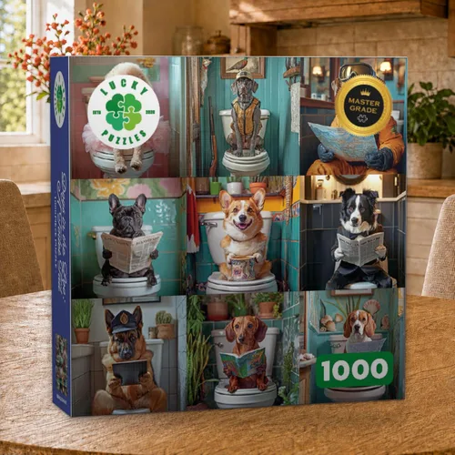 Vista 2 de Lucky Puzzles - Perros en el baño: Una cola de inodoro - Rompecabezas de 1000 piezas para adultos Rompecabezas gracioso de perros Rompecabezas