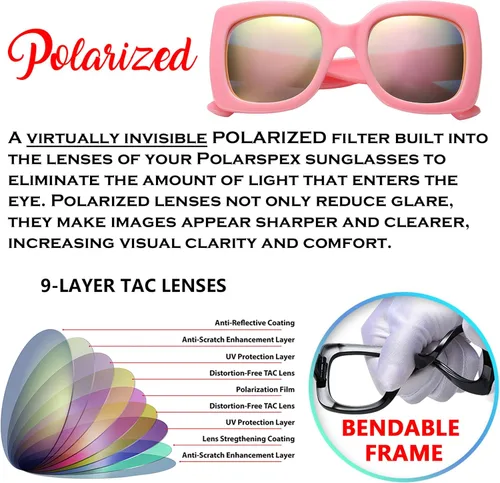 Vista 3 de PolarSpex Gafas de sol polarizadas cuadradas elásticas de gran tamaño para niñas, sin BPA