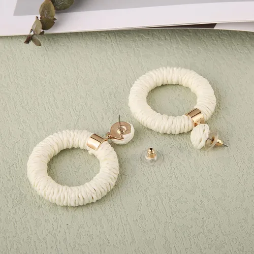 Vista 3 de Aretes de rafia para mujer, aretes bohemios, hechos a mano, trenzados, aretes colgantes