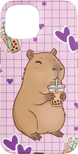 Vista 6 de Funda Kawaii Anime Capybara Beber Boba Bubble Tea Kids Girls para iPhone 17