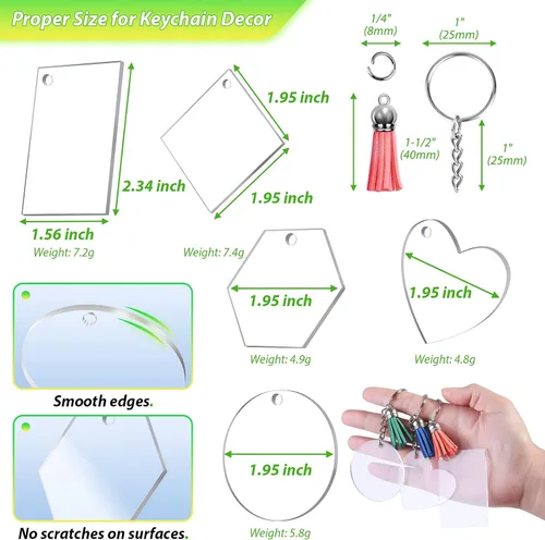 Vista 3 de Cruzix 200 llaveros en blanco para vinilo, llaveros de acrílico a granel con 5 formas de disco acrílico transparente, borlas, llaveros
