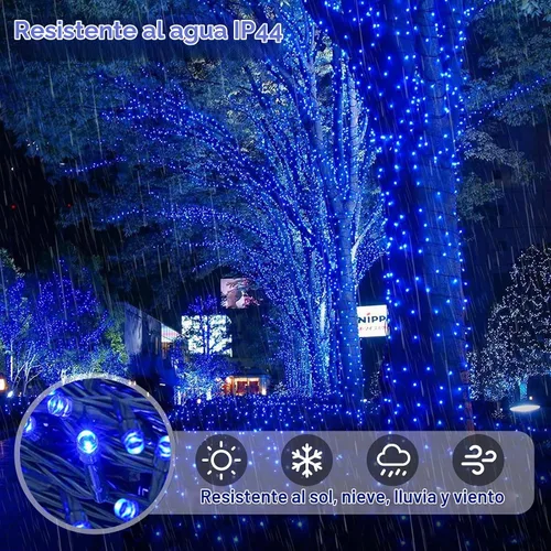 Vista 5 de QITONG Paquete de 2 tiras de luces solares azules para exteriores, impermeables, cada 33 pies, 100 luces LED de Navidad, 8 modos de cable verde