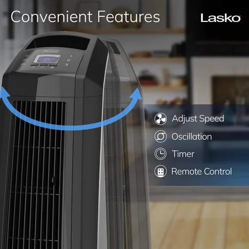 Vista 4 de Lasko Ventilador de torre oscilante de alta velocidad, 3 velocidades potentes, temporizador, rejillas direccionales ajustables, control remoto