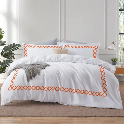 Vista 23 de BedDecor: Enchanted Oasis - Juego de funda de edredón de 3 piezas de 600 hilos de algodón egipcio con bordado de cuadrifolio, ultra suave