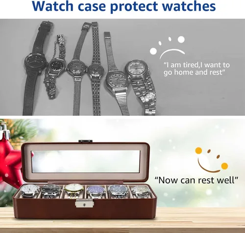 Vista 7 de Caja organizadora de relojes para hombres y mujeres, caja de reloj con 6 ranuras para reloj, pantalla de reloj de piel sintética con ventana