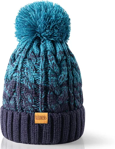 Vista 12 de Redess Gorro de invierno con pompón y forro polar cálido, grueso y holgado, tejido, para la nieve, para esquiar, para mujer Beige