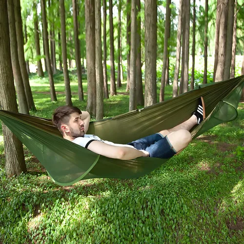 Vista 3 de LFL Hamaca de camping con mosquitero, hamacas con correas de árbol de 13 pies y mosquetones, hamaca portátil automática de apertura rápida para Negro