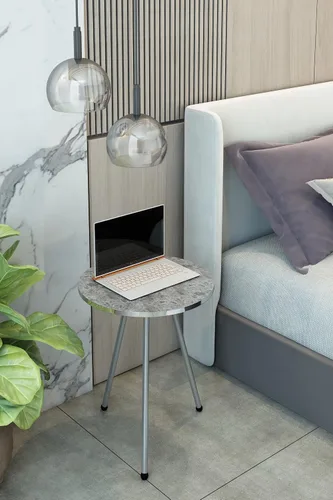 Vista 5 de Juego de 2 mesas auxiliares redondas de madera con aspecto de mármol, mesa auxiliar anidable para espacios pequeños, mesita de noche, sin