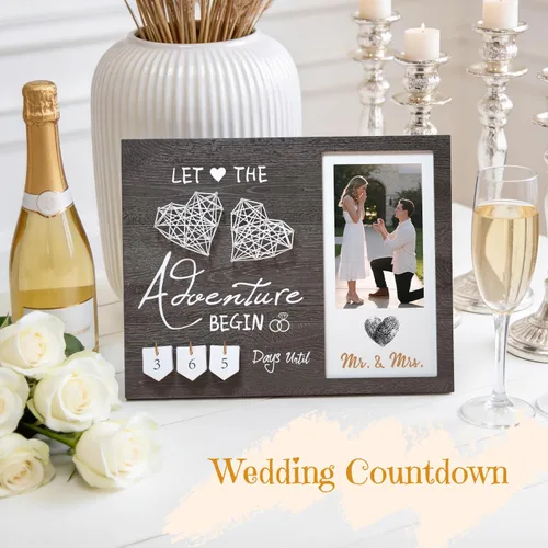 Vista 2 de Regalos de compromiso para pareja, Marco de fotos con huella dactilar de corazón para cuenta regresiva de boda y kit de tinta, Regalo para futura